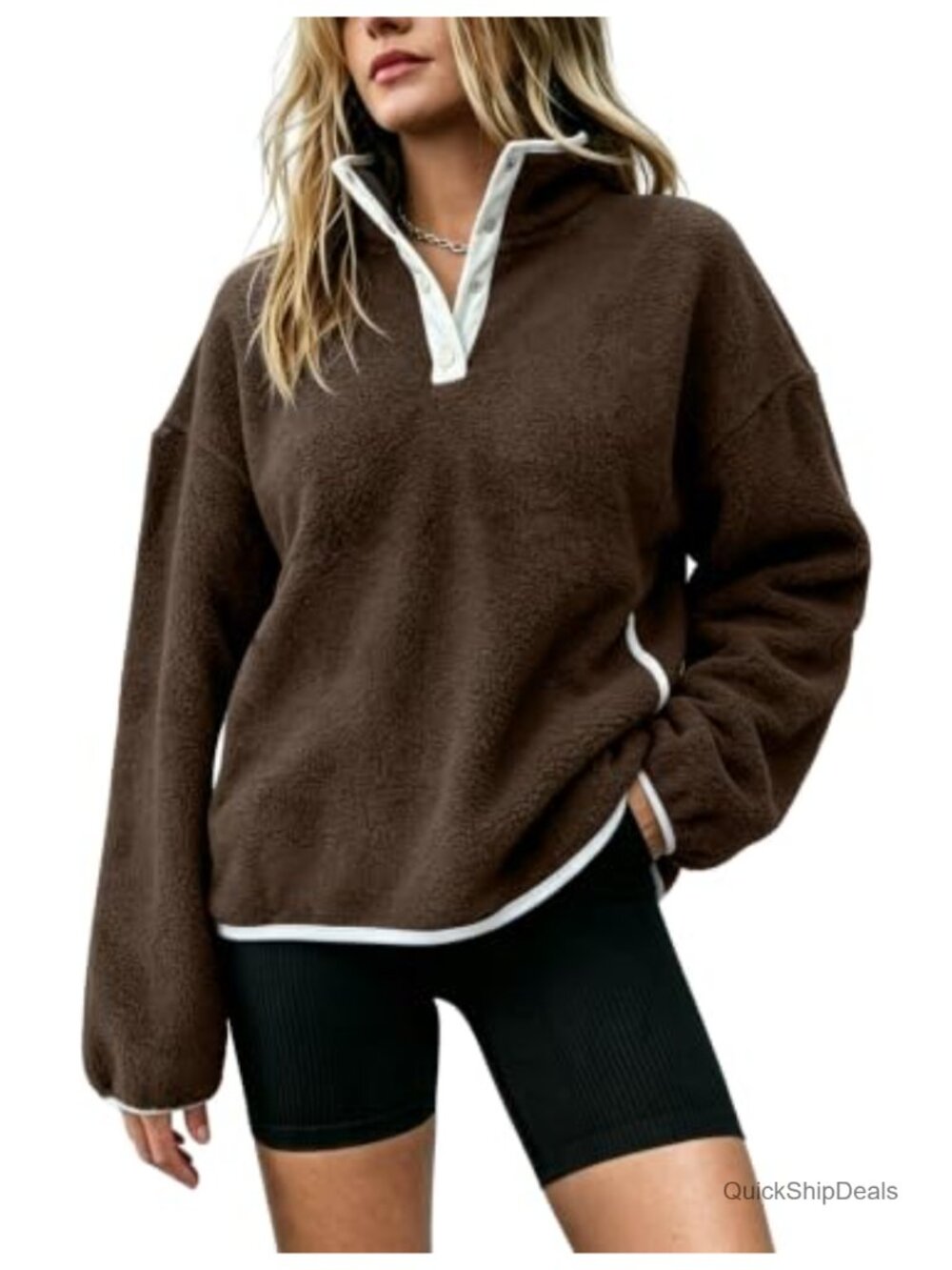 Womens Mock Neck Sherpa Fleece Jacket Button Front Oversized Winter Coat